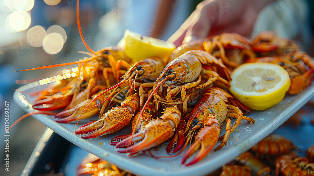 Poster plate of cooked crayfish with lemon. a hands plating crayfish on a plate with lemon
