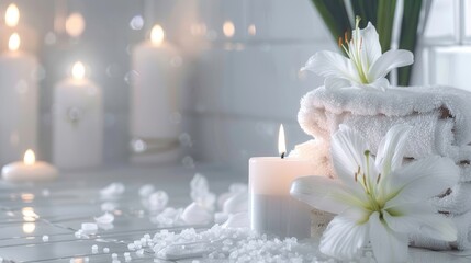 Spa background towel bathroom white luxury concept massage candle bath. Bathroom white wellness spa...