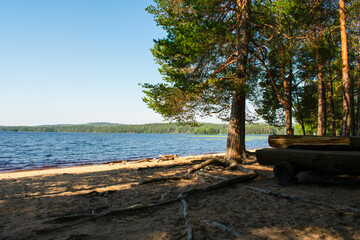 White sand beach and clear blue skies in Varpaisniemi in Jämsä, Finland