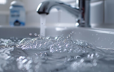 Water splashing out of faucet. A closeup of the faucet