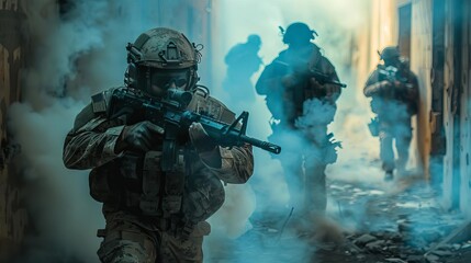 Fototapeta premium Photorealistic depiction of IDF inside close quarters combat Indoors Realistic Warfare Dramatic