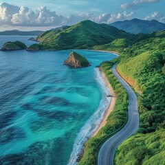 Aerial view of curve road along the seashore at Phuket Thailand beautiful seacoast and open sea in summer season Nature recovered Environment and Travel background Please provide high-resolution