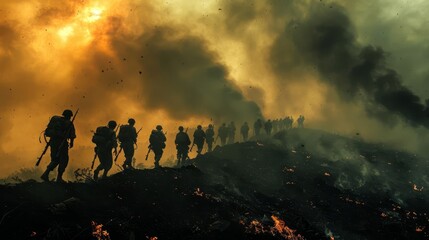 Fototapeta premium Shadows of Bravery employs cinematography to convey the bravery and struggles inherent in war Aerial perspectives offer sweeping views of the battlefield