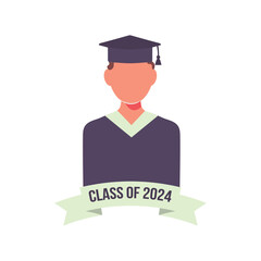 A student on graduation day in blue graduation uniform. Class of 2024. Vector faceless man, male silhouette illustration white isolated background