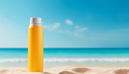 A bottle of sunscreen sits on the beach, with the ocean in the background