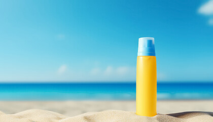 A bottle of sunscreen sits on the beach, with the ocean in the background
