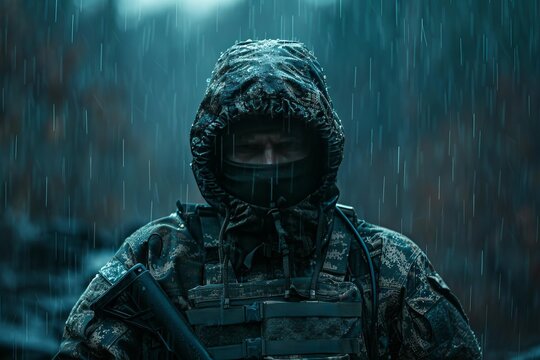 soldier standing strong by himself afar off, in the rain, with army uniform, full camo attire, serious, intense battle, 32k, high definition, ultra high quality, dramatic lighting
