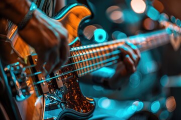 Fototapeta premium Electric bass guitar player hands, live music