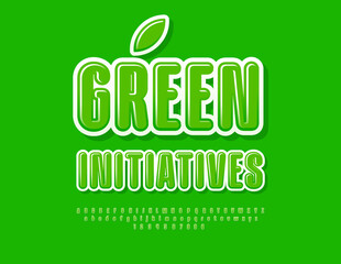 Vector eco template Green Initiatives. Creative Green Font. Bright Glossy Alphabet Letters and Numbers set. 