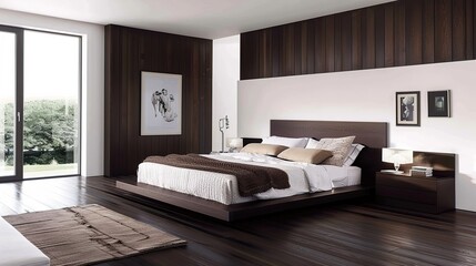 Fototapeta na wymiar Interior of modern bedroom with white and brown walls, dark wooden floor. AI Generative
