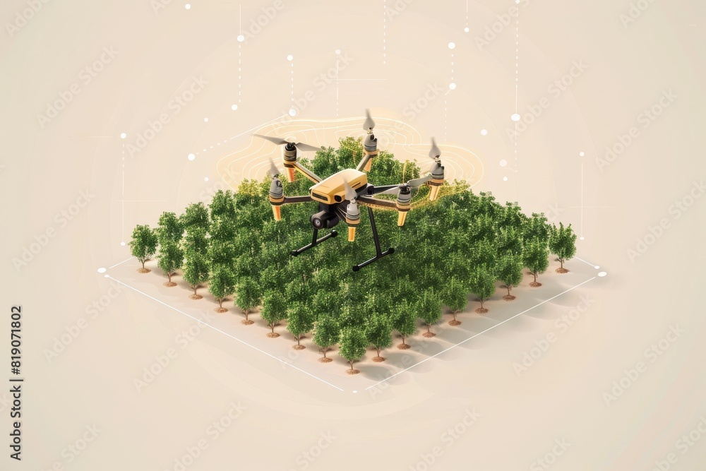 Poster efficient drone technology in vector farm management for advanced isometric field illustration and o