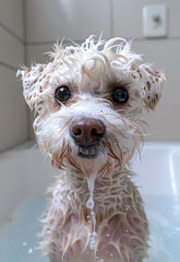 Wet dog is taking bath with soap and water