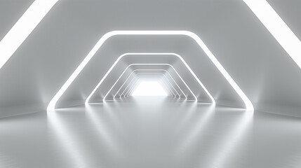 Obraz premium White background 3d room light abstract space technology tunnel stage floor. Empty white future 3D neon background studio futuristic corridor render modern interior silver road black wall design gray