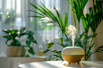 A small humidifier on a table next to a plant