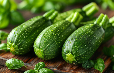 Fresh raw zucchini on wooden table