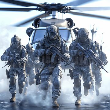tactical strike, a squad of fully geared infantry soldiers with m4 rifles deploying from on a blackhawk helicopter into enemy territory