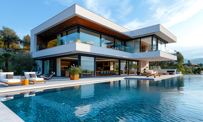 Modern house with pool view from the garden