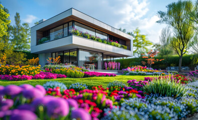 Modern house with beautiful flowers outdoor landscape in the suburbs