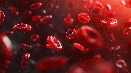 Close-up view of red blood cells flowing through the bloodstream, showing their shape and texture in a highly detailed and dynamic image.