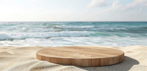 Fototapeta na wymiar Empty wooden podium or pedestal on beach sand. behind view a summer beach background with sky and sea view, for a product display presentation mockup design