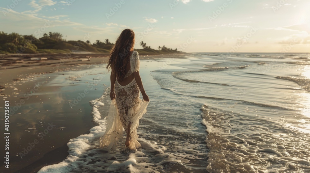 Canvas Prints A woman in a white dress walking on a sandy beach. Suitable for travel and vacation concepts