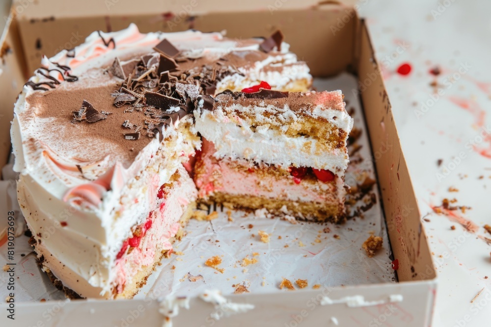 Poster a cake in a box with a slice missing, perfect for bakery or dessert concepts
