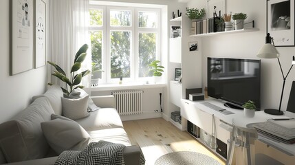 Interior of small apartment living room for home office. Real estate rent. AI Generative