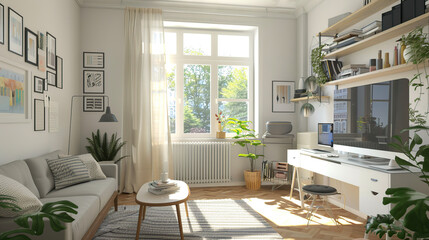 Interior of small apartment living room for home office. Real estate rent. AI Generative