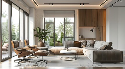 Interior of spacious luxurious living room with comfortable sofa and chairs. AI Generative