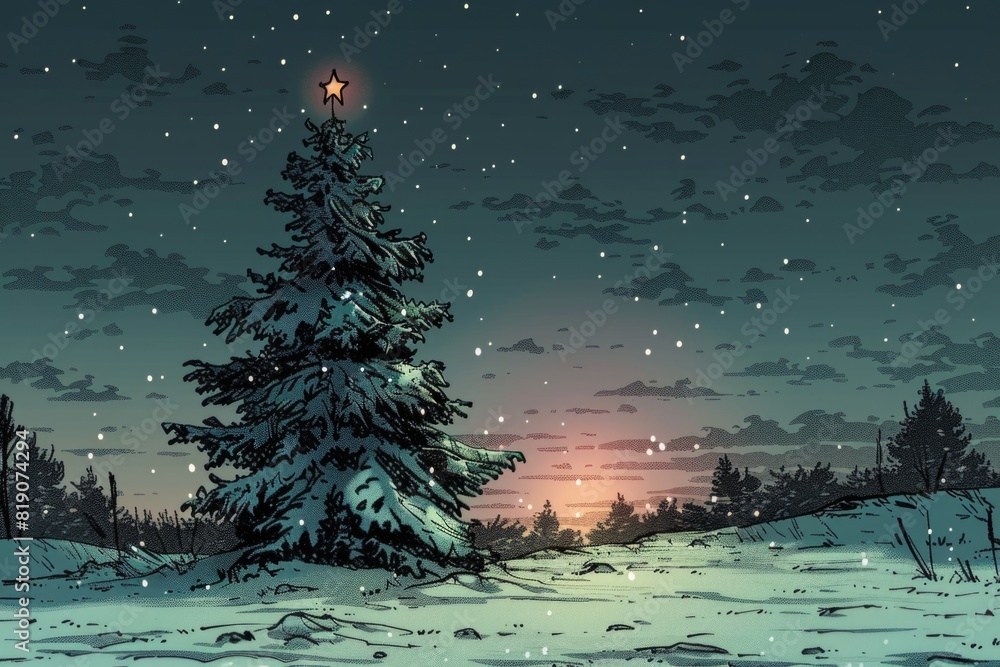 Poster a lone pine tree standing in a snowy field, perfect for winter-themed projects