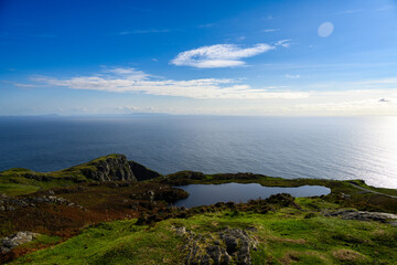 Large Body of Water on Lush Green Hillside