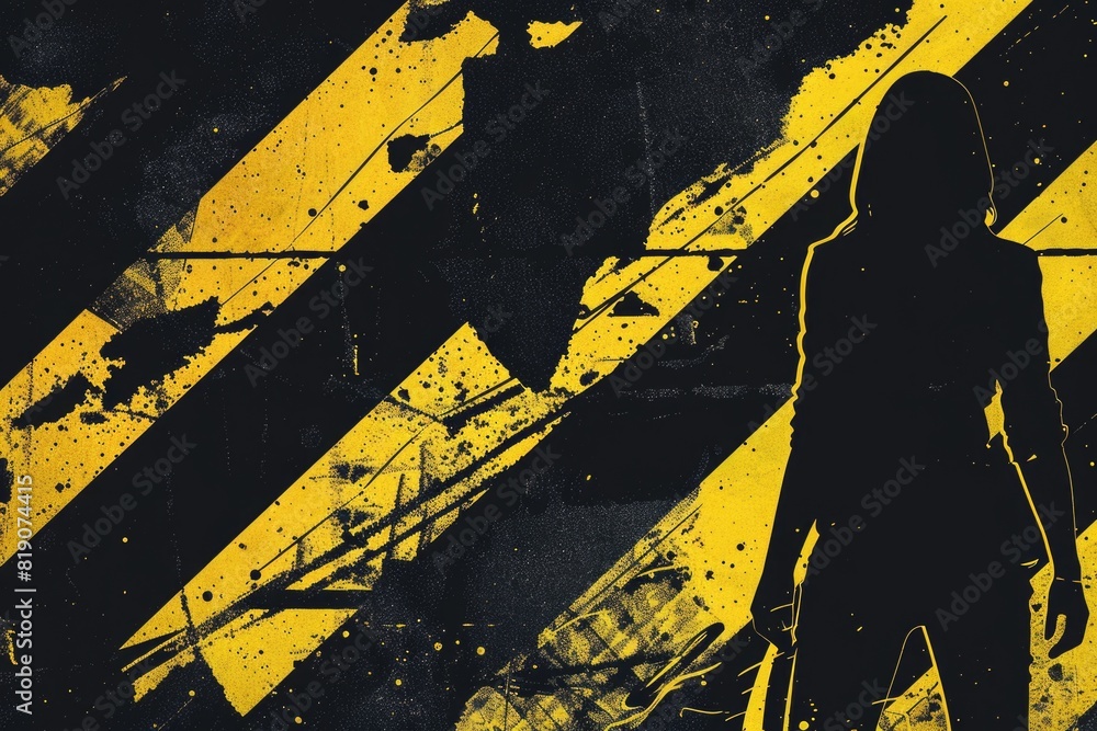 Poster person standing in front of a yellow and black striped wall, suitable for various concepts and desig