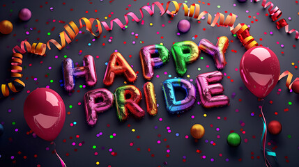 Glittering text "HAPPY PRIDE" with a subtle rainbow gradient, displayed on a black background with colorful streamers and balloons on the sides