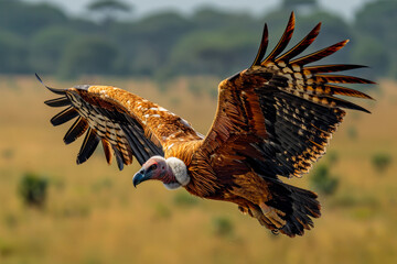 Large vulture flies over field with its wings spread wide. - Powered by Adobe