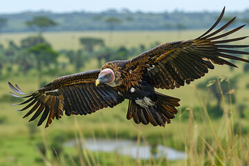 Large bird with wings spread long beak and pink face flying over grassy field.