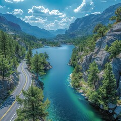 Beautiful Panoramic View of Canadian Nature and a Scenic Road, Trans-Canada Hwy, during sunny summer day Aerial Drone Shot Near Hells Gate, BC, Canada Please provide high-resolution