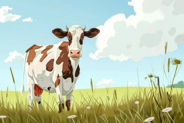 A cow standing in a field of grass with daisies