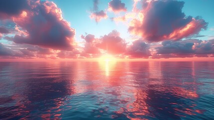 Peaceful ocean scene with vibrant pink and orange clouds reflecting on calm water