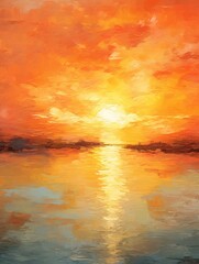 The setting sun casts a golden glow on the ocean in this vibrant painting.