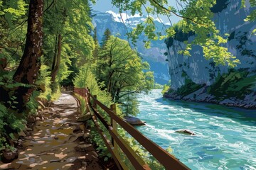A serene painting of a river flowing through a lush forest. Suitable for nature-themed designs