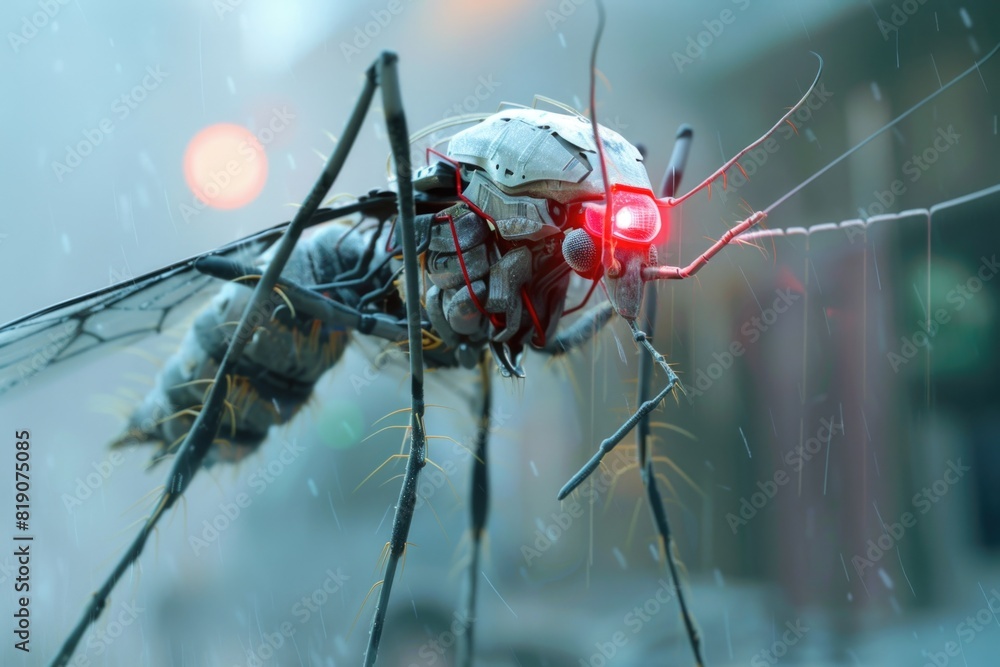Poster Close-up view of a fly with a red light on it. Perfect for illustrating insects and technology