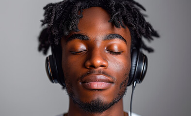 Portrait of young american man listening music with headphones