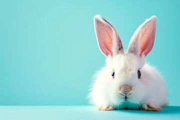 Fototapeta premium A white rabbit with long ears sitting on a blue surface