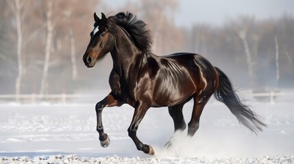 Glossy Dark Chocolate Brown Horse Galloping in a Misty White Snow Field, Winter Freedom