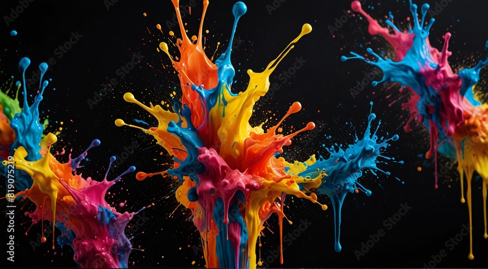Poster colorful paint splashes on black background, creating a vibrant and dynamic visual composition.