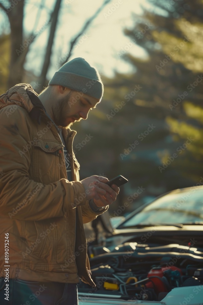 Poster man standing next to a car looking at his phone. suitable for automotive and technology concepts