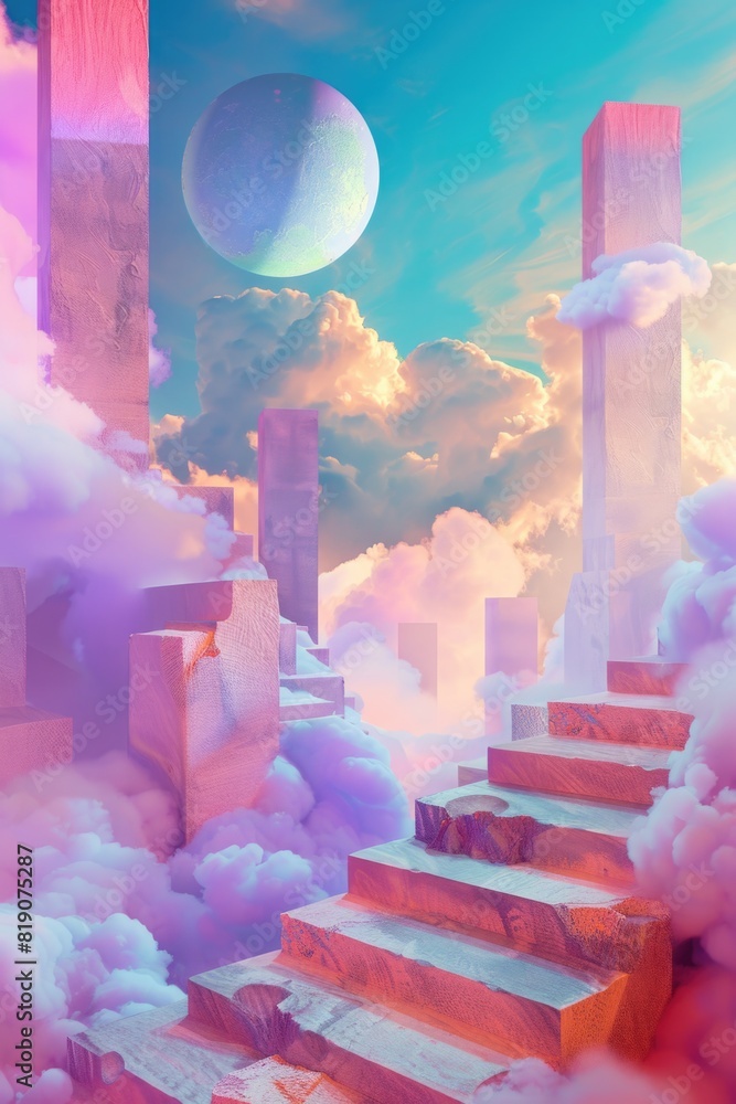Poster a digital painting of a stairway leading to the moon. ideal for fantasy and surreal themed projects