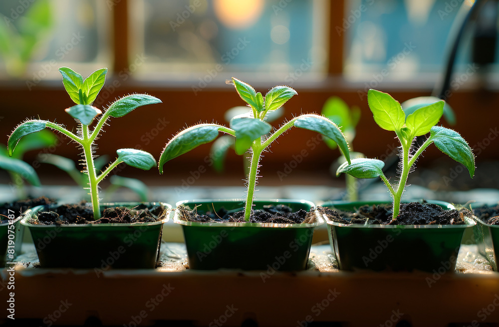 Wall mural young seedlings are growing in pots on the windowsill