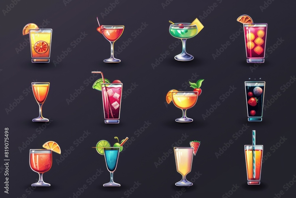 Poster Various types of drinks on a dark surface. Ideal for menu design