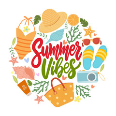 Summer vibes quote in a circle, print for t-shirt. Vector illustration isolated on white background.